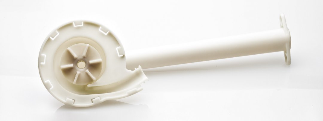 Turbine und Pumpengehäuse  für die Medizintechnik. Baugruppe aus vier Einzelteilen, spritzgegossen aus verstärktem Polybuthylen&shy;terephthalat (PBT&nbsp;GF)